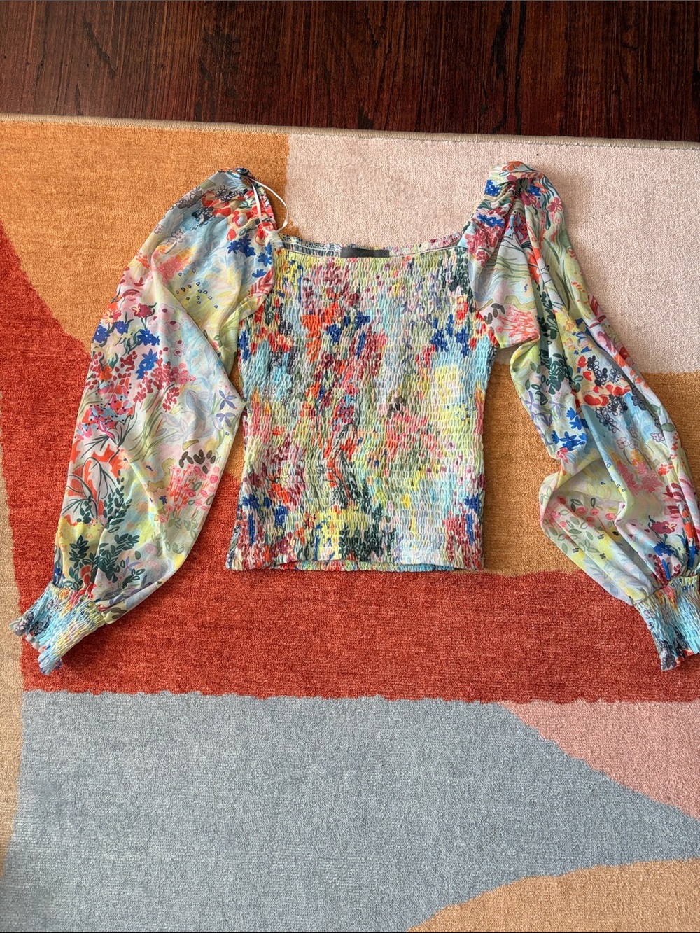 Anthropologie Multicolor Floral Smocked top with flowy Sleeves